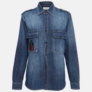 Saint Laurent Paris Blue Denim Military Patch Buttoned Up Shirt L