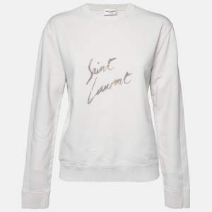 Saint Laurent Paris Ecru Logo Print Cotton Distressed Sweatshirt S