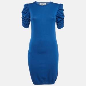 Saint Laurent  Blue Knit Ruched Sleeves Midi Dress XS