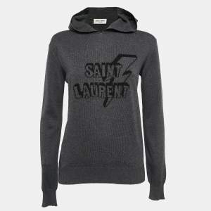 Saint Laurent Paris Grey Lightening Bolt Pattern Knit Hooded Sweater S