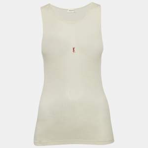 Saint Laurent Paris Cream Logo Embroidered Rib Knit Tank Top M