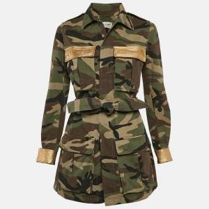 Saint Laurent Green Camo Print Leather Print Cotton Belted Jacket S