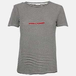 Saint Laurent Paris White/Black Stripe Logo Embroidered Jersey T-Shirt M