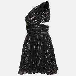 Saint Laurent Paris Black Lurex Silk Draped One-Shoulder Mini Dress M