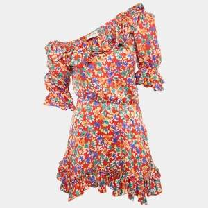 Saint Laurent Red Floral Print Silk One Shoulder Ruffled Mini Dress M
