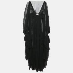 Saint Laurent Paris Black Sheer Silk Elongated Sleeve Wrap Maxi Dress M