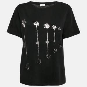 Saint Laurent Black Printed Cotton Crew Neck T-Shirt L