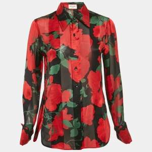 Saint Laurent Paris Black/Red Floral Print Semi-Sheer Silk Shirt S