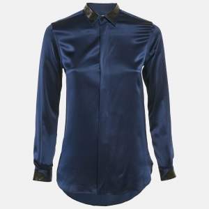 Saint Laurent Paris Blue Leather Trim Satin Silk Shirt S