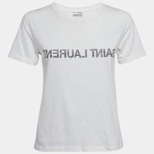 Saint Laurent Off-White Logo Print Cotton Crew Neck T-Shirt XS