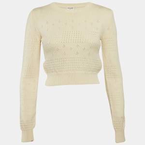 Saint Laurent Cream Pointelle Knit Crop Fisherman Sweater XS