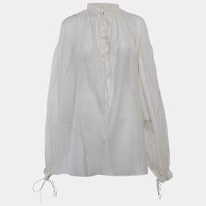 مملوكة مسبقًا Saint Laurent Paris White Sheer Cotton Blend Tie-Up Detail Oversized Blouse M