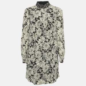 Saint Laurent Paris Black/Cream Floral Print Crepe Pleated Mini Dress S