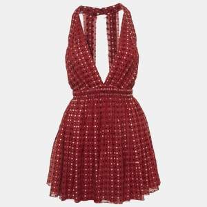 Saint Laurent Paris Red Printed Silk Blend Halter Neck Mini Dress S