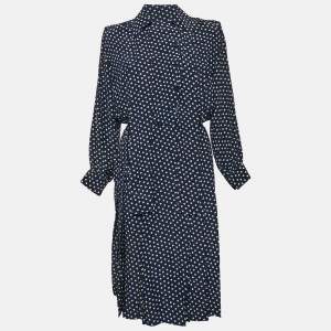 Saint Laurent Rive Gauche Navy Blue Polka Dot Silk Midi Dress M