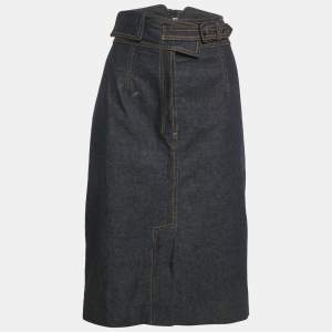 Saint Laurent Blue Denim Buckle Detail Midi Skirt L