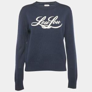 Saint Laurent Blue Embroidered Rib Knit Crewneck Sweater S