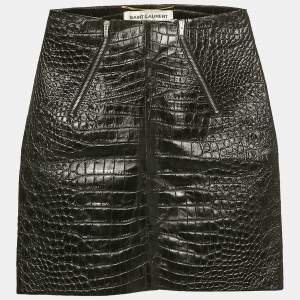 Saint Laurent Paris Black Croc Patterned Leather Mini Skirt S