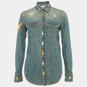 Saint Laurent Blue Embroidered Denim Button Front Blouse S