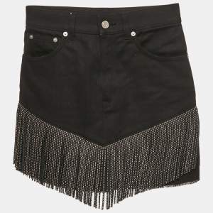 Saint Laurent Black Studded Leather Fringe Trim Denim Skirt S Waist 27"