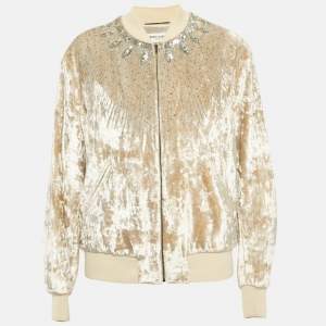 Saint Laurent Beige Lurex Velvet Embellished Bomber Jacket XXL