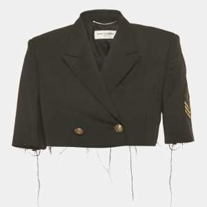 Saint Laurent Paris Black Logo Applique Detail Wool Raw Edge Cropped Jacket L