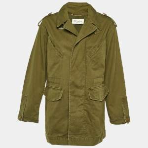 Saint Laurent Paris Olive Green Cotton & Linen Zip Front Oversized Long Jacket S