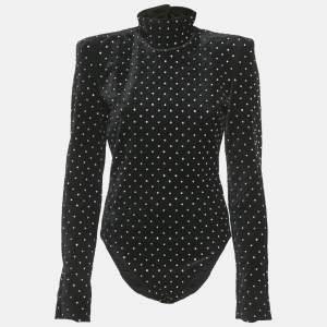 Pre Owned Saint Laurent Paris Black Crystal Embellished Velvet Turtleneck Bodysuit M  