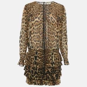 مملوكة مسبقًا Saint Laurent Paris Brown Leopard Print Silk Ruffled Mini Dress M