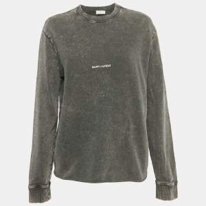 Pre Owned Saint Laurent Faded Grey Logo Print Cotton Distressed Sweatshirt S