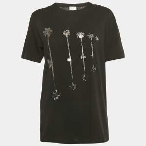 Pre Owned Saint Laurent Black Foil Print Jersey T-Shirt XS