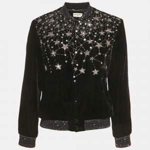 Pre Owned Saint Laurent Paris Black Embellished Velvet Bomber Jacket S