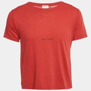 Pre Owned Saint Laurent Paris Red Logo Print Jersey T-Shirt M