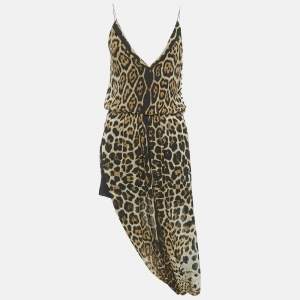 Pre Owned Saint Laurent Paris Black /Brown Animal Print Silk Midi Dress M