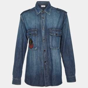 Pre Owned Saint Laurent Paris Blue Denim Patch Detail Shirt L