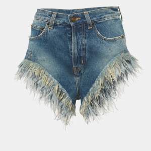 Pre Owned Saint Laurent Paris Blue Feather Trim Denim Shorts S/Waist 26"