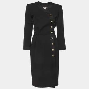 Pre Owned Saint Laurent Paris Vintage Black Tweed Wrap Midi Dress L