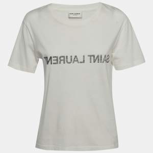 مملوكة مسبقًا Saint Laurent White Cotton Inverted Logo Printed Cotton Knit T-Shirt M