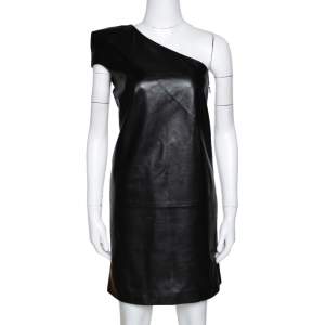 Saint Laurent Paris Black Leather One Shoulder Dress M