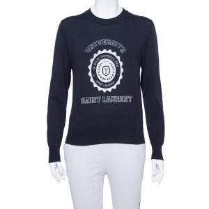 Saint Laurent Navy Blue Intarsia Knit University Crewneck Jumper S