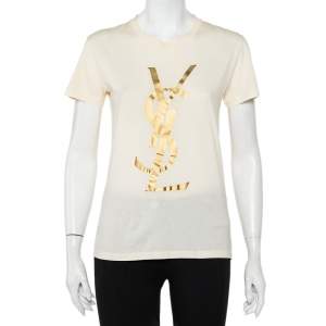 Yves Saint Laurent Cream Logo Printed Cotton Crewneck T-Shirt M
