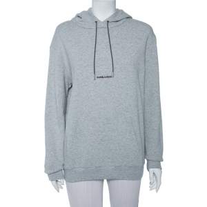 Pre Owned Saint Laurent Paris Grey Logo Printed Cotton Knit Hoodie S