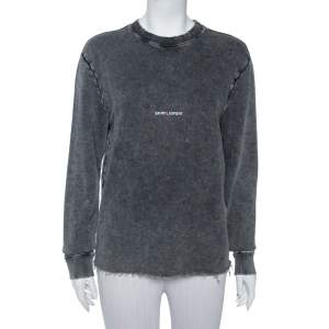 Saint Laurent Paris Charcoal Washed Out Cotton Frayed Hem Distressed Sweatshirt S