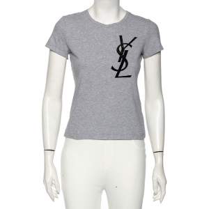 Yves Saint Laurent Grey Cotton Logo Detail T-Shirt XS