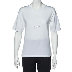 Saint Laurent Paris White Logo Print Cotton Round Neck T-Shirt XS