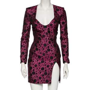 Saint Laurent Fuchsia Floral Lurex Jacquard Long Sleeve Dress S