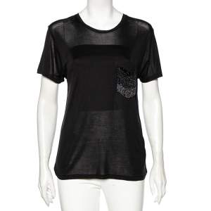 Saint Laurent Black Silk Embellished Pocket Detailed Short Sleeve T-Shirt S