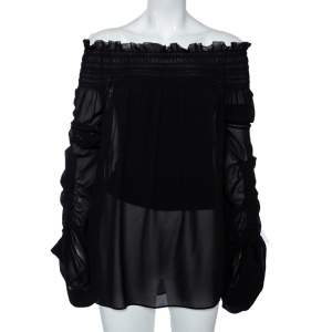Saint Laurent Black Silk Smocked Oversized Off Shoulder Blouse L