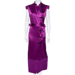 Saint Laurent Purple Silk Quilted Detailed Oriental Button Belted Dress L