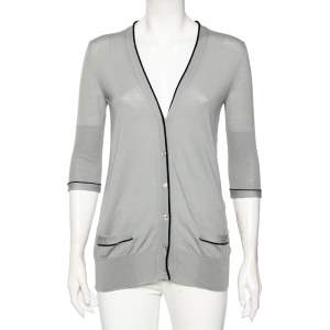 Saint Laurent Grey Wool Knit Contrast Trim Detailed Button Front Cardigan S